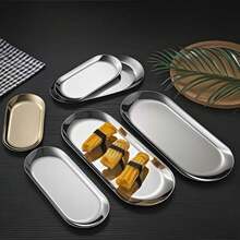Bộ 3 đĩa oval bằng thép không gỉ, thích hợp dùng cho bữa sáng, ăn nhẹ, đồ chiên rán, khoai tây chiên, sushi, tráng miệng, tiệc tùng, tiệc nướng và ăn đồ ngọt, khay đựng khăn, an toàn khi rửa bằng máy rửa chén. - Bạc - Xem 5