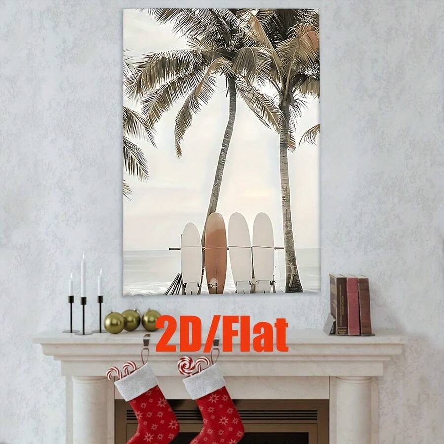 2D Plano, 2D Plano [JIT]1pcs, Pinturas en Lienzo sin Marco, Dos Tablas de Surf en la Playa con Palmeras de Fondo, Pósters y Impresiones, Sala de Estar, Decoración de Oficina, Arte de Pared, Dormitorio, Escuela, Café, Abstracto, Decoración del Hogar, Regalo Perfecto de Cumpleaños, Vacaciones, Feliz - Sin marco - Ver 1