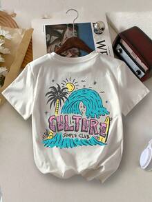 Young BoyCasual YongBoy Vacation Wave Letter Print Round Neck Summer T-Shirt - White - View 1