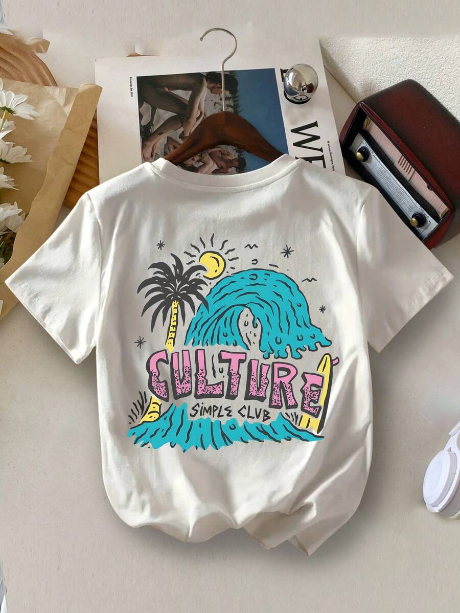 Young BoyCasual YongBoy Vacation Wave Letter Print Round Neck Summer T-Shirt - White - View 1