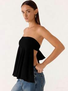 Women Summer Flowy Tube Top Y2k Solid Color Strapless Off The Shoulder Loose Fit Babydoll Bandeau Crop Tops Backless Sleeveless Going Out Tops Vests Shirts Casual Streetwear - 露背-黑色 - 查看 4