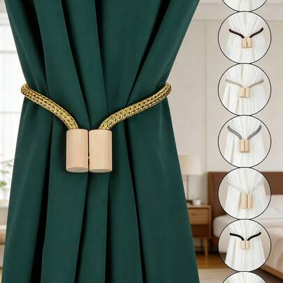 2个磁性窗帘夹，天然木绳窗帘绑带，无需钻孔家居装饰配件