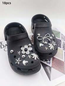 8/10/18pcs Silver Flower, Bow, Bear Shoe Charms, Detachable Shoe Decorations, Sandal Accessories, Holiday Party Gift - Multicolor - View 3