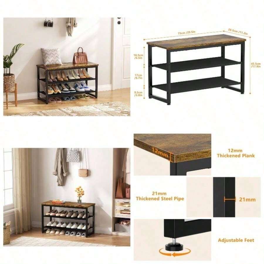 Shoe Rack, 3 Tier Shoe Storage With Wooden Shelf, Shoes Storage With Entryway Living Room Hallway Bedroom, Load Capacity 150 Kg, Rustic Brown - Rustic Brown - View 1