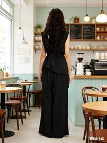 Women's Linen Set With A V-Neck, Adjustable Waist, Comfortable And Casual-Chic Style. - màu đen - Xem 2