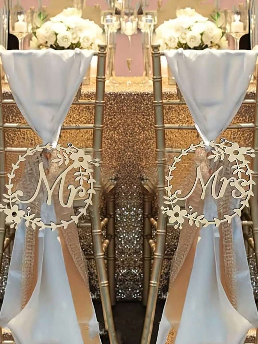 2件組婚禮椅背裝飾牌，Mr and Mrs 椅子牌，適用於婚禮派對驚喜裝飾、婚禮裝飾、婚禮戶外草坪派對裝飾、婚禮拍照背景裝飾、婚禮週年紀念派對裝飾