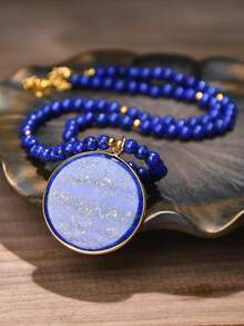 Vòng cổ hạt đá Lapis Lazuli tự nhiên phong cách vintage, vòng cổ mặt tròn Bohemian, trang sức tiệc resort Hawaii quyến rũ, đá pha lê chữa lành unisex - Nhiều màu - Xem 3
