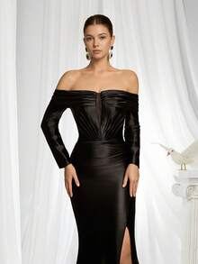 VIPGIRL Elegant Luxury Women's Long Satin Formal Dress, Featuring Pleated Bust Detail And Contrast Mesh Strapless Design Party Spring Wedding Black - Black - View 6