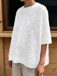 Plus Size Women Short Sleeve Blouse With Floral Embroidery Design, Comfortable Daily Wear White Summer - White - View 4
