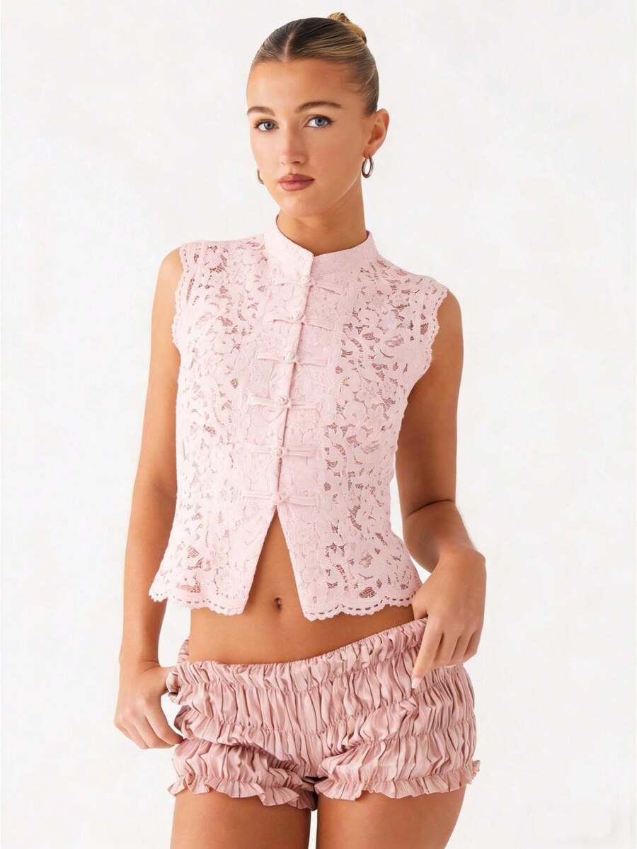 Women Long Sleeve Mandarin Collar Guipure Split Blouse Top Lace Floral Puff Sleeve Button-Down Shirt Slim Fit Elegant Sheer Tops Party Clubwear - 無袖粉紅色 - 查看 1