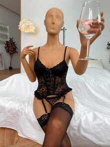 4pcs Sexy Floral Mesh Lace Criss-Cross Garter Teddy Lingerie Set, Including Bodystocking, G-String, Garter Belt, Stockings, Suitable For Lingerie Party, Nightclub, Dance, Couple Wear - Black - View 6
