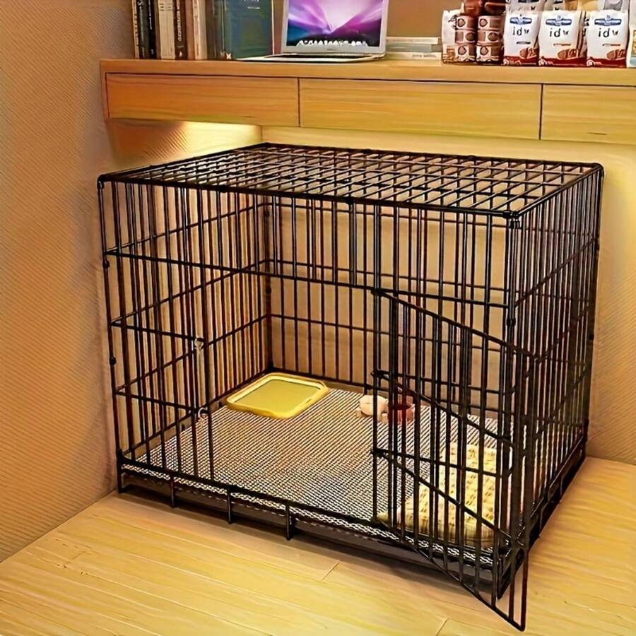 可折叠狗笼带托盘，不锈钢宠物笼带便盆，适合小型和中型犬、泰迪犬、贵宾犬、兔子和猫，室内外均可使用，便携式室内围栏 - 通风设计，可拆卸托盘和安全锁门，可折叠宠物犬舍，坚固的宠物游戏围栏