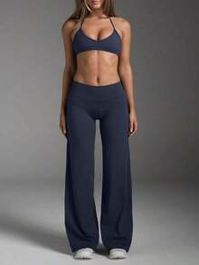 Pantalones acampanados ajustados de unicolor elegantes y modernos para el trabajo y el deporte para mujer, primavera - azul real - Ver 3