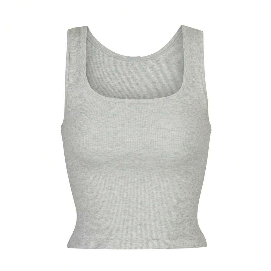 SKIMS Cotton Rib Tank | Ribbed Jersey Vest, Body-Hugging Stretch Cotton Cami For Everyday Lounge & Layering - Light Heather Grey - View 1