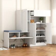 Moderner 2-in-1 Schuhschrank mit gebogenen Türen: Tür mit Soft-Close-Mechanismus, höhenverstellbare Fächer und gepolsterte Sitzbank, weiß, 130 * 35 * 110 cm. - Weiss - Übersicht 2