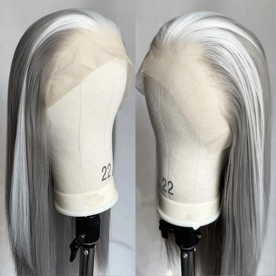 Silver Grey Lace Wig With White Highlights Long Silky Straight Synthetic Lace Front Wig For Women Natural Hairline - Multicolor - View 1
