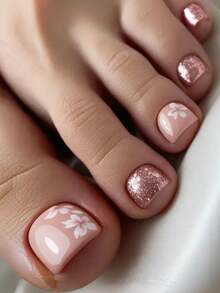 24pcs Nude Watercolor Flower Rhinestone Decorated Short Fake Toenail Stickers, Toe Nail Art Supplies, Y2K Style - Pink - View 7
