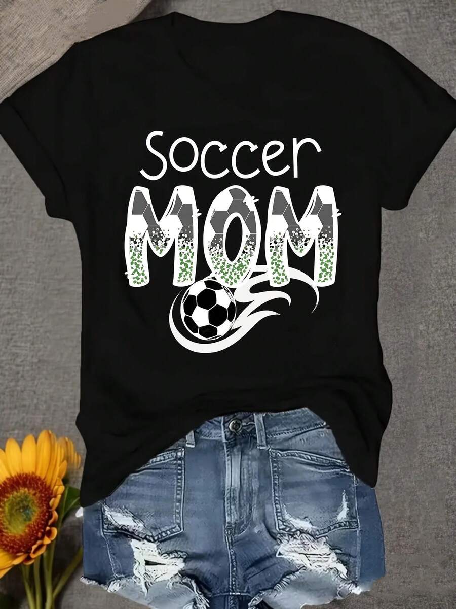 Women's Round-Neck T-Shirt, Designed For Comfort And Softness, Perfect For Soccer Moms - 黑色 - 查看 1