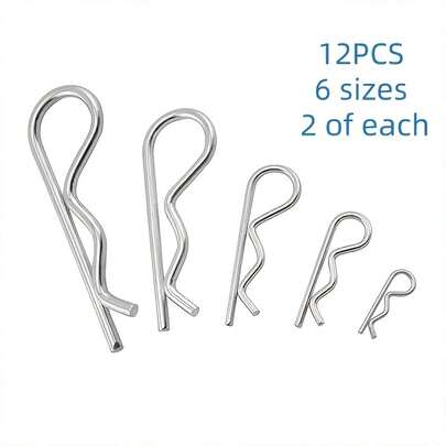 Bộ 12 chốt lò xo kiểu R, bao gồm 6 kích cỡ khác nhau, chất liệu mạ điện chịu lực cao, thích hợp cho ô tô, thuyền, máy kéo và máy cắt cỏ.