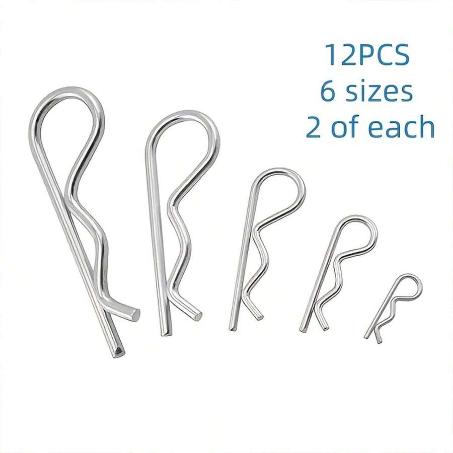 12-Piece R-Type Spring Pin Combination Set, Including 6 Different Sizes, Heavy-Duty Electroplated Material, Suitable For Cars, Boats, Tractors, And Lawn Mowers.