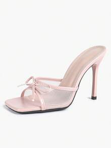 Women's Bowknot Mesh Square Toe High Heel Mules, Black Transparent Slip-On High Heel Sandals, Elegant Party Dress Shoes,Summer Shoes - Pink - View 2