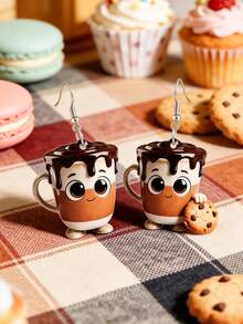 1 paire de boucles d'oreilles pendantes en acrylique avec motifs café et biscuits, convient pour le port estival des femmes, idéal pour les vacances et les fêtes, cadeau parfait pour les fêtes et les anniversaires - Multicolore - Voir 2