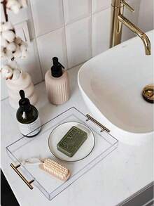 1pc Acrylic Transparent Tray With Gold Handle, Leak-Proof Serving Tray, Decorative Tray, Suitable For Coffee Table, Counter, Snacks, Breakfast, Vanity - Clear - View 2