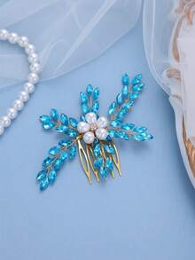 1 pieza Peineta de pelo de mujer elegante de lujo con flores de perlas falsas y cristales, tocado nupcial, accesorio de pelo de alta gama para banquetes, verano, vacaciones, viajes, accesorios de novia - Multicolor - Ver 3