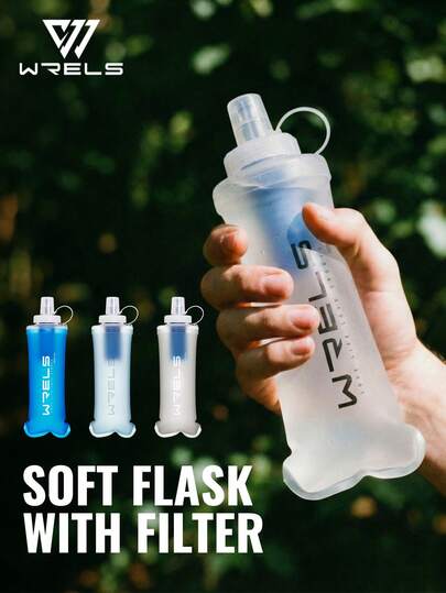  1个WRELS软折叠过滤水瓶，防漏，轻便，硅胶材质，便携，适合跑步、健身、骑行、露营等户外运动，内置过滤元件，户外饮水必备，方便快速补水，健身房水瓶