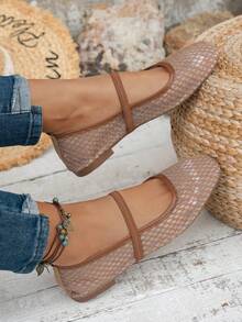 夏季蕾丝网眼镂空平底鞋，女士透气弹力芭蕾舞鞋，休闲舒适一脚蹬乐福鞋，适合日常通勤，百搭，母亲节礼物 - 棕色 - 查看 4