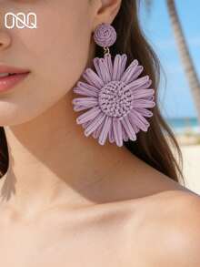 OOQ 1 Đôi bông tai mặt dây chuyền hình hoa hướng dương làm thủ công từ sợi raffia, kiểu dáng thời trang, ngọt ngào, thanh lịch, thích hợp làm quà tặng cho bạn bè trong bất kỳ dịp lễ nào (Được làm thủ công từ sợi raffia, hướng và hình dạng ngẫu nhiên) - Màu tím - Xem 4