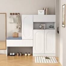 Moderner 2-in-1 Schuhschrank mit gebogenen Türen: Tür mit Soft-Close-Mechanismus, höhenverstellbare Fächer und gepolsterte Sitzbank, weiß, 130 * 35 * 110 cm. - Weiss - Übersicht 4