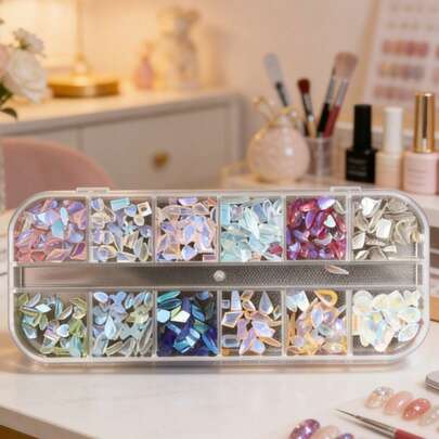 12格盒装水钻仙子同款DIY水钻不规则美甲水钻，混合款式和颜色，极光水钻，全透明美甲装饰