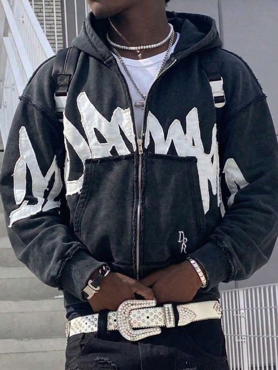 Hooded Sweatshirt With Unique Street-Style 3D Letter Print, Zip-Up Loose Top, Y2K Autumn And Winter - Black - View 1