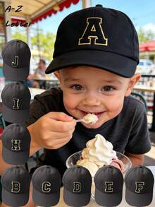 1pc Adjustable A-Z Letter Children Baseball Cap, Breathable Sun Protection Hat, Casual Style Snapback For Kids Aged 1-16, Outdoor & Daily Use - Black - View 1