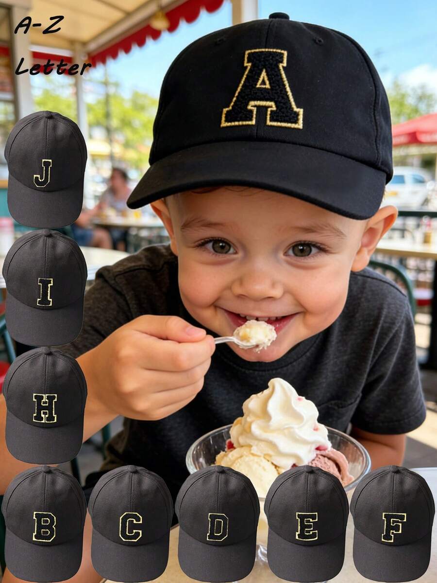 1pc Adjustable A-Z Letter Children Baseball Cap, Breathable Sun Protection Hat, Casual Style Snapback For Kids Aged 1-16, Outdoor & Daily Use - Black - View 1