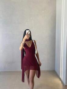 Women's Aycha Shaping Dress In Suplex Fabric With Tulle, V-Neck, And Multifunctional Scarf - Maroon - View 1