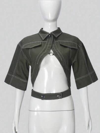 Women's Summer Fashion Casual Short Sleeve Lapel Collar Cropped Cardigan  Open Front Outwear
