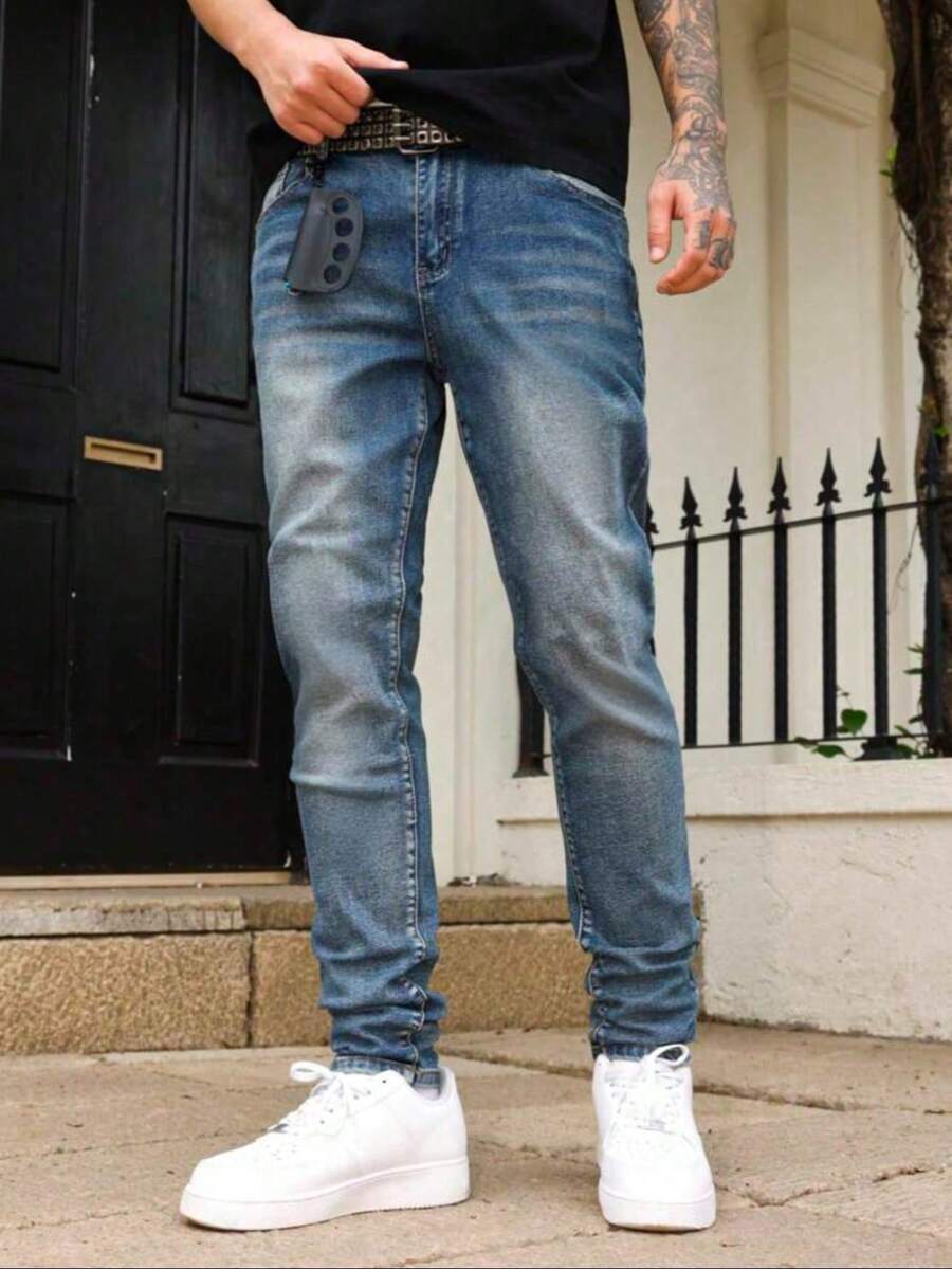 1 chiếc quần jean nam màu xanh denim co giãn, kiểu dáng đường phố năng động, thoáng khí, màu trơn, dáng ôm, phù hợp cho đi dạo phố, các hoạt động ngoài trời cùng gia đình, mọi mùa. - Màu xanh lam - Xem 1