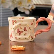 370ml Taza cerámica retro con patrón de mariposa y flor, taza con asa trenzada, taza refrescante para agua/café/té para mujeres - Multicolor - Ver 7