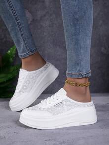 DJSUNNYMIX Giày sandal đế dày kiểu mule cho nữ, giày thể thao thời trang bằng vải lưới họa tiết hoa hướng dương. - trắng - Xem 4