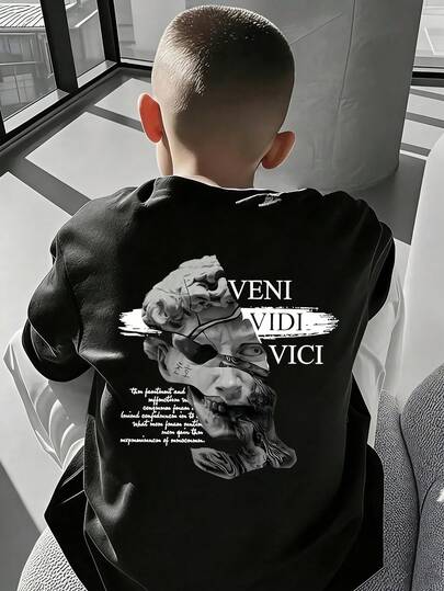 1件男童夏季复古美式印花T恤，大卫雕像“Veni Vidi Vici”字母图案宽松休闲T恤