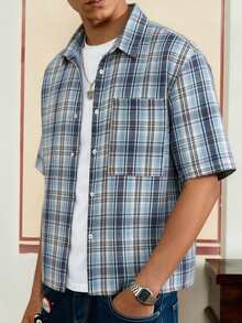 Áo sơ mi nam tay ngắn kẻ caro phong cách đường phố thường ngày. - Màu xanh lam - Xem 3