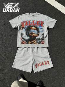 VEXURBAN Best Selling 2026, Men's Suit, Featuring A Casual Street Loose Multifunctional Crew Neck Cotton Short-Sleeve Top And Cotton ShortsWith Vintage Colorful Illustration Print, Fashionable For Daily Wear, Suitable For Everyday Wear. - Xám - Xem 2