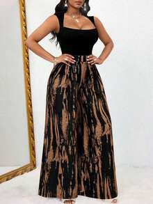 Women's And Elegant One-Piece Jumpsuit With Shoulder-To-Waist High-Rise And Wide With Color Contrast Printed Stripes And Elegant Sleeveless Design Jumpsuit Summer Vacation - 咖啡棕 - 查看 5