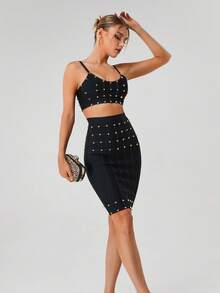 女士吊带两件套铆钉设计绷带连衣裙性感时尚优雅女士显瘦派对夜店连衣裙，适合情人节、万圣节、生日、返校、夜店派对、婚礼等场合。 - 黑色 - 查看 5