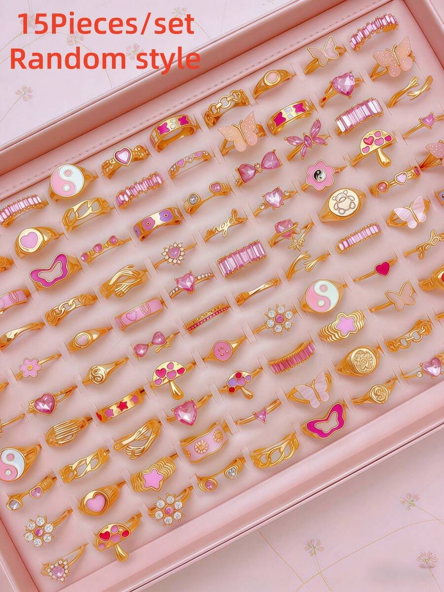 Bộ 15 chiếc nhẫn đính đá hồng hình hoa bướm thời trang dành cho nữ, kiểu dáng hỗn hợp, quà tặng dự tiệc, trang sức đeo hàng ngày, kiểu ngẫu nhiên. - Một bộ gồm 15 chiếc nhẫn hình hoa và bướm màu hồng ngẫu nhiên. - Xem 1