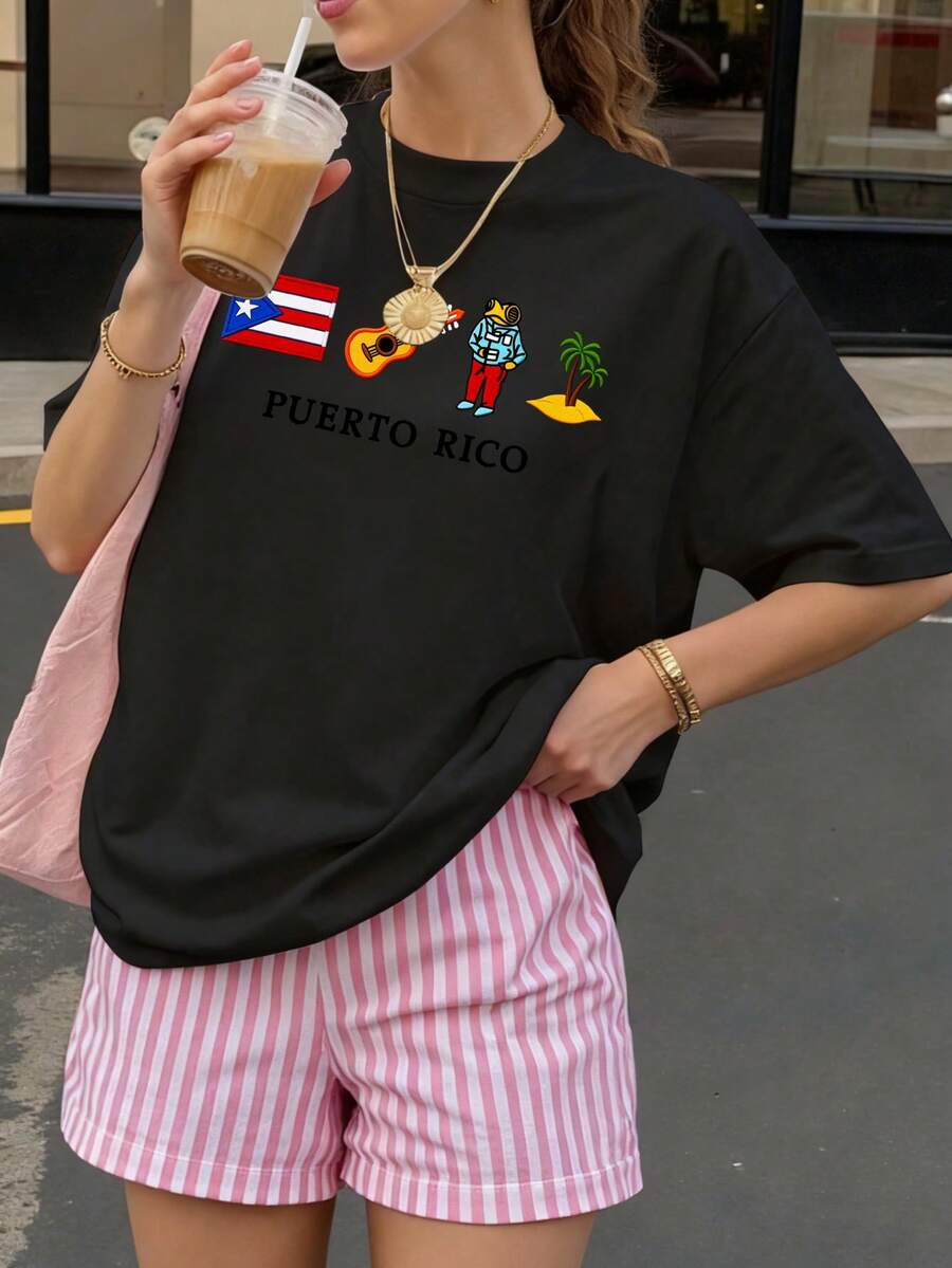 Black Oversized T-shirt, 1 pcs Puerto Rico Flag Guitar Man Palm Tree 180g Pure Heavy 100% Polyester T Shirt - Negro - Ver 1