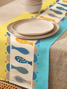 1pc Nautical Style Cute Fish Print Linen Table Runner/Placemat, Suitable For Holidays, Parties, Birthdays, Dinners, Kitchen & Dining Room Decor, Shoe Cabinet Cover, All Season Home Decor & Textile - Multicolor - View 11