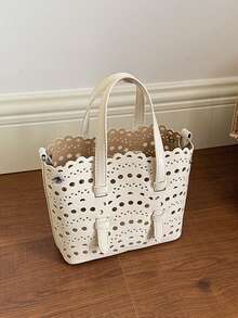 新款春夏高端小众波浪镂空雕花手提包，PU皮女士单肩包，斜挎包/托特包/水桶包 - 米色 - 查看 2